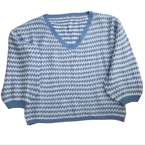 Boutique Sweaters - Blue and White V-Neck Striped Sweater